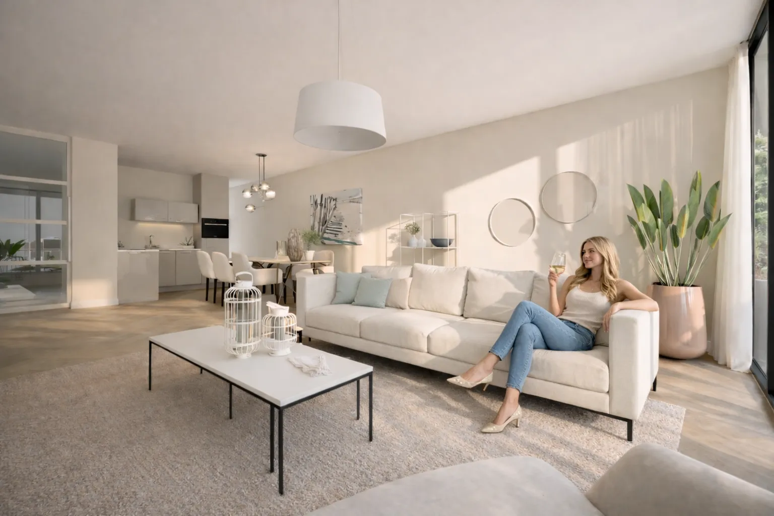 Woonkamer van een appartement in de lichte interieurstijl